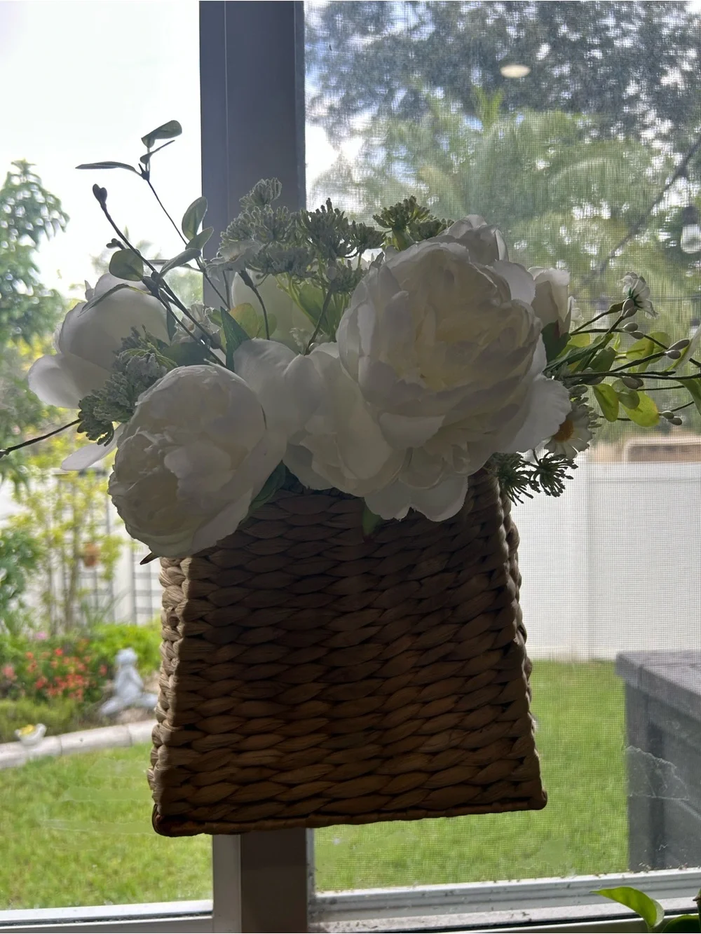 Artificial White Peony Arrangement in Woven Basket - Home Accents